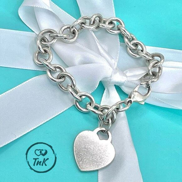 Tiffany & Co. Blank Heart Tag Charm Bracelet 8" Sterling Silver Round Link - Picture 1 of 14